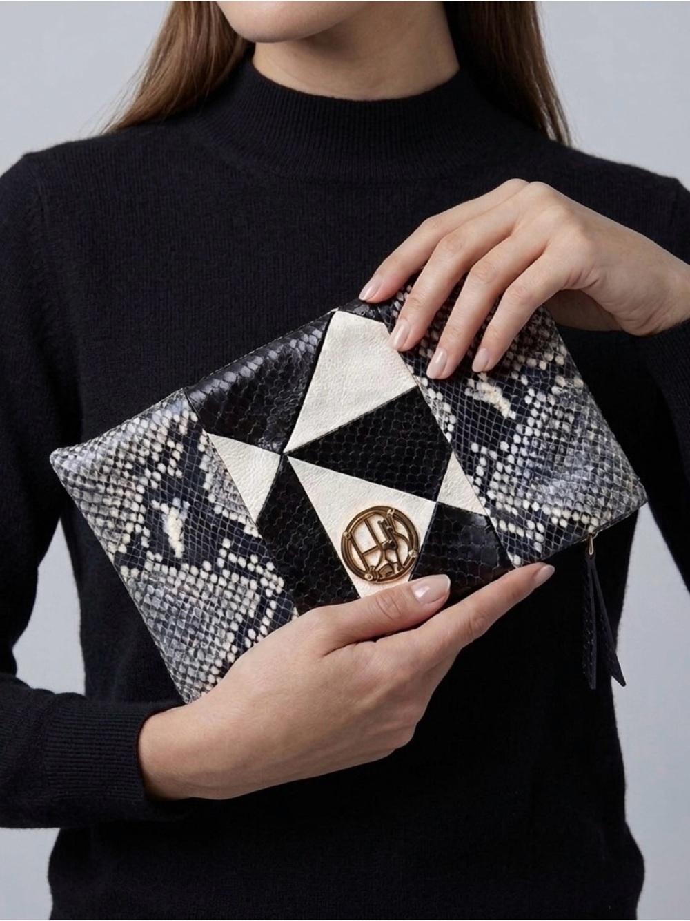Henri Bendel Black & White Geometric Leather Snakeskin Clutch